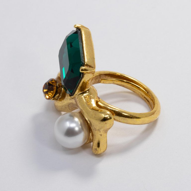 Oscar de la Renta Bold Green, Amber Crystal and Pearl Cocktail Ring