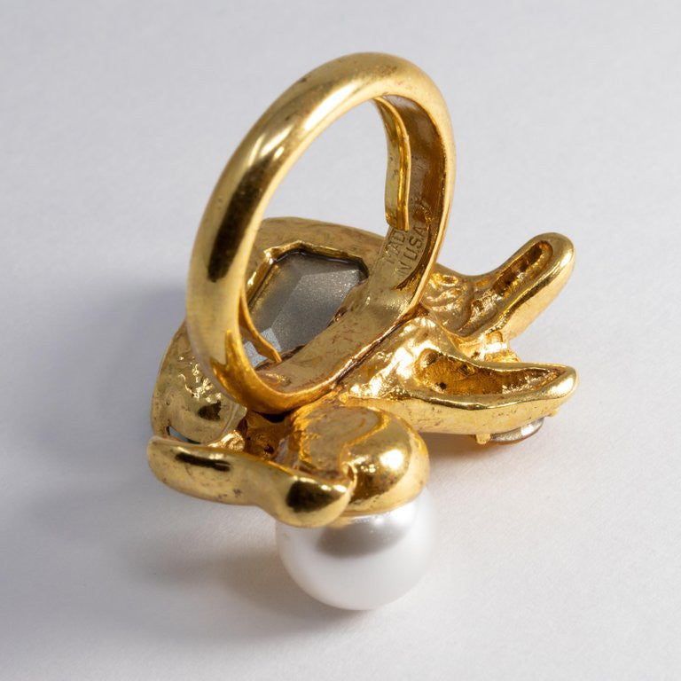 Oscar de la Renta Bold Green, Amber Crystal and Pearl Cocktail Ring
