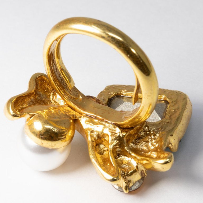 Oscar de la Renta Bold Green, Amber Crystal and Pearl Cocktail Ring