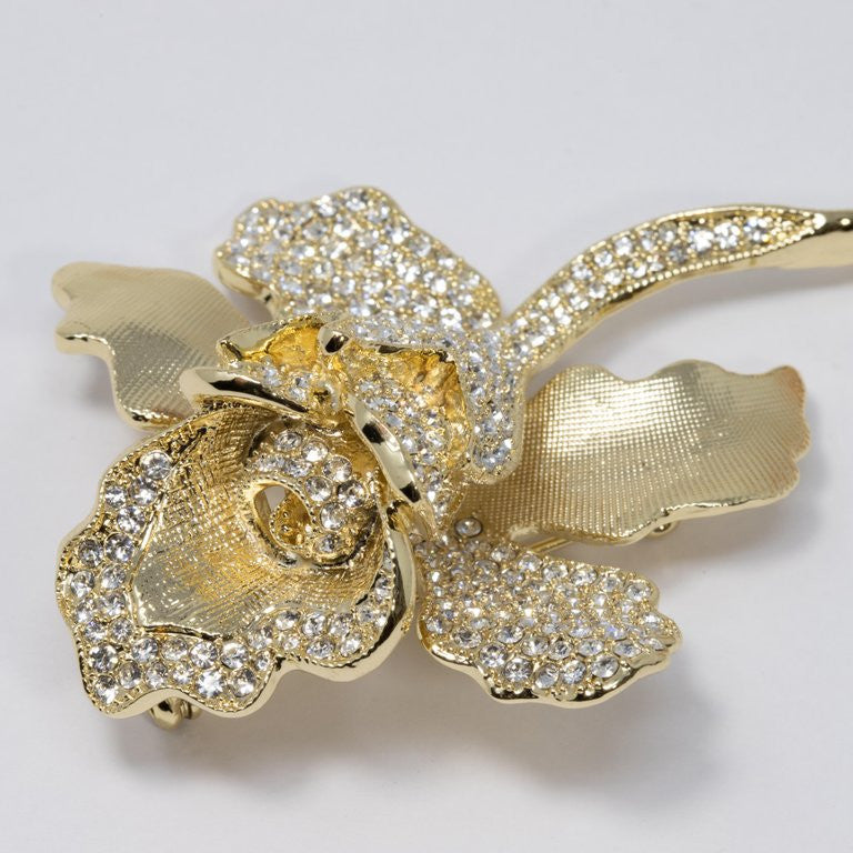 Joan Boyce Pave Crystal Blooming Flower Brooch Pin, Textured Gold Tone