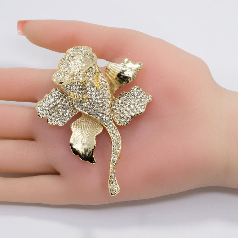 Joan Boyce Pave Crystal Blooming Flower Brooch Pin, Textured Gold Tone