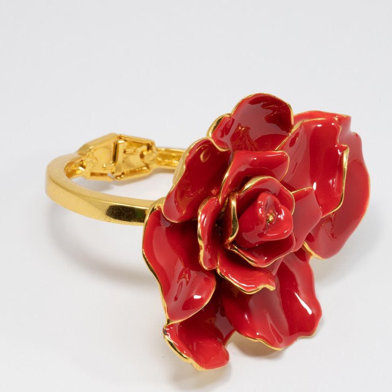 Oscar de la Renta Big Bold Painted Red Rose Hinged Bracelet in Gold