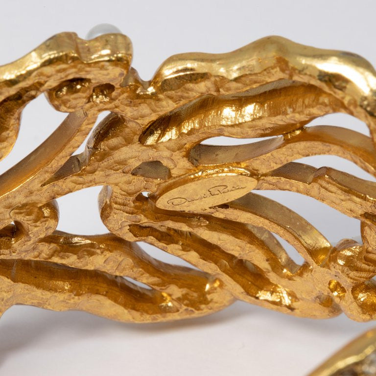 Oscar de la Renta Bamboo Leaf Faux Pearl Hinged Cuff Bracelet in Gold