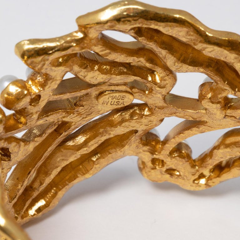 Oscar de la Renta Bamboo Leaf Faux Pearl Hinged Cuff Bracelet in Gold