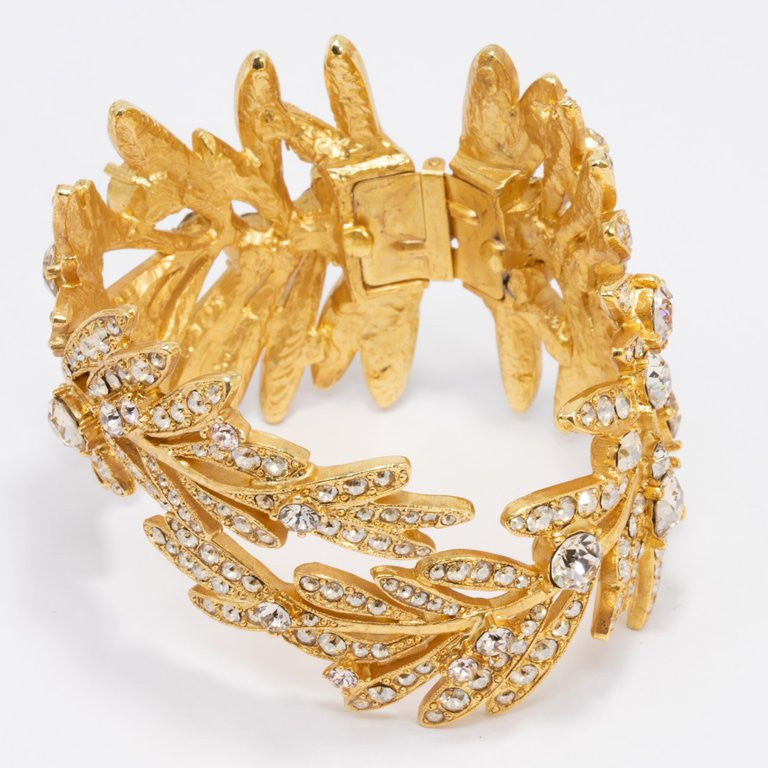 Oscar de la Renta Tropical Leaf Hinged Cuff Bracelet, Clear Crystals, in Gold