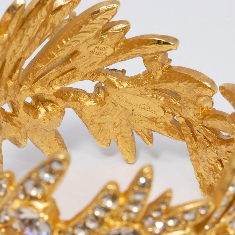 Oscar de la Renta Tropical Leaf Hinged Cuff Bracelet, Clear Crystals, in Gold