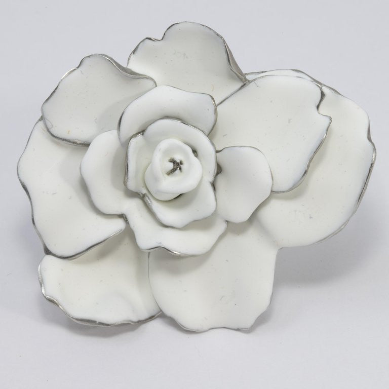 Oscar de la Renta Big Bold White Satin Rose Hinged Bracelet in Silvertone