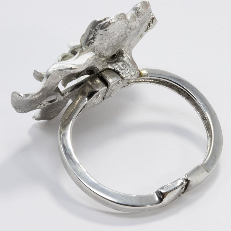 Oscar de la Renta Big Bold White Satin Rose Hinged Bracelet in Silvertone