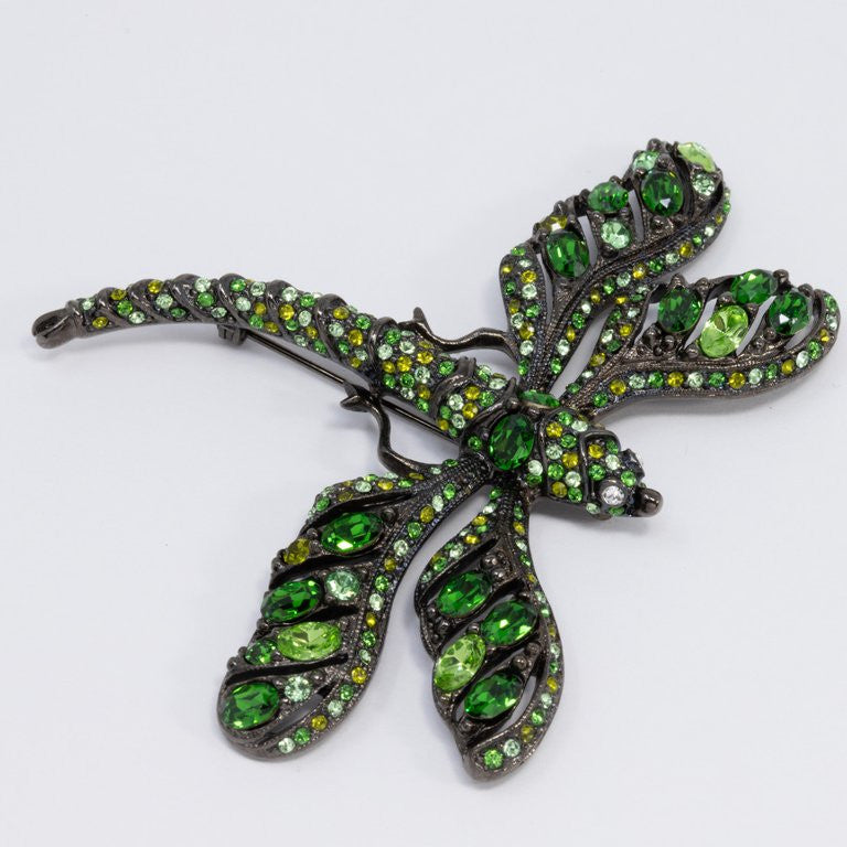KJL Kenneth Jay Lane Embellished Green Crystal Dragonfly Pin, Dark Gunmetal