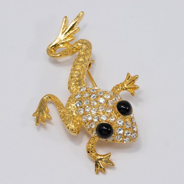 Oscar de la Renta Gold Frog Pin Brooch with Pave Clear Crystals, Black Cabochons