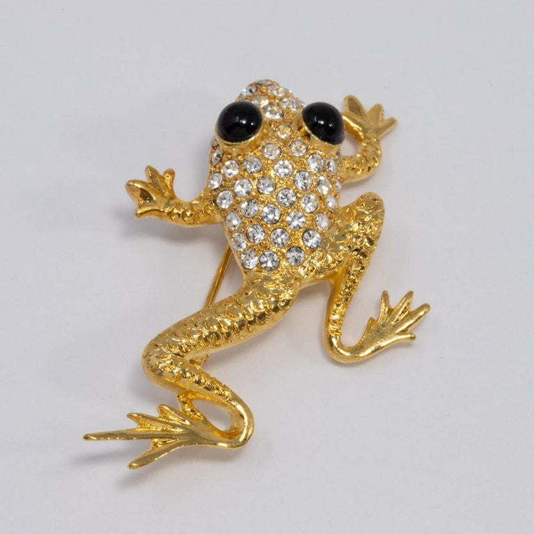 Oscar de la Renta Gold Frog Pin Brooch with Pave Clear Crystals, Black Cabochons