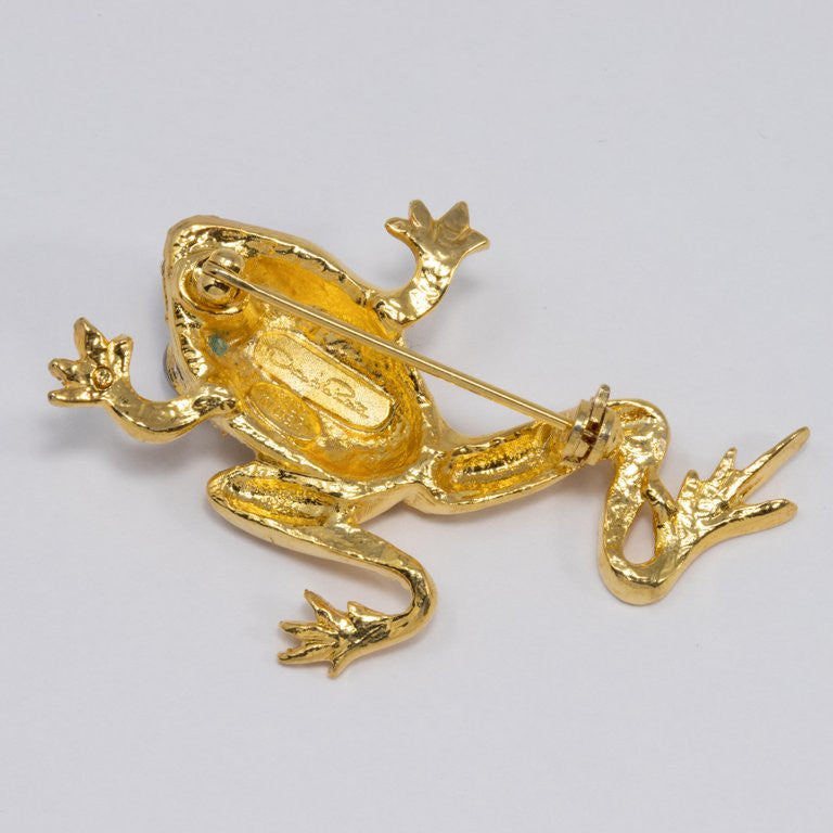 Oscar de la Renta Gold Frog Pin Brooch with Pave Clear Crystals, Black Cabochons