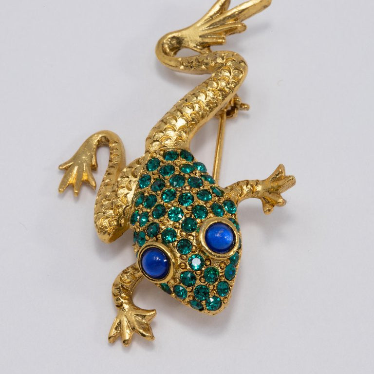 Oscar de la Renta Gold Frog Pin Brooch with Pave Green Crystals, Blue Cabochons