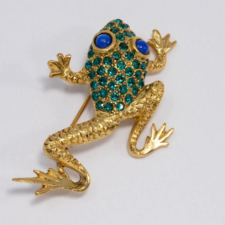 Oscar de la Renta Gold Frog Pin Brooch with Pave Green Crystals, Blue Cabochons