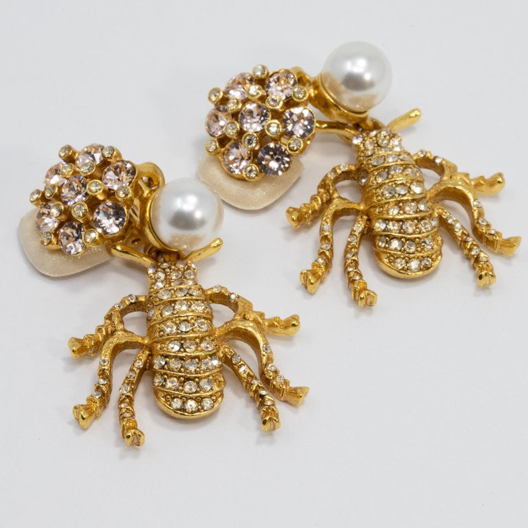 Oscar de la Renta Crystal Embellished Clip On Earrings in Gold, Insect Motif