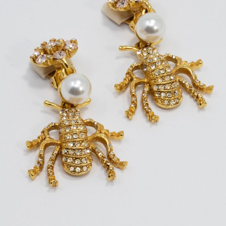 Oscar de la Renta Crystal Embellished Clip On Earrings in Gold, Insect Motif