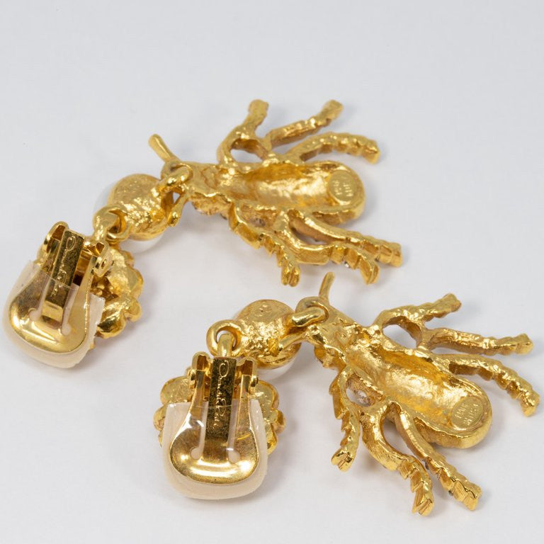 Oscar de la Renta Crystal Embellished Clip On Earrings in Gold, Insect Motif