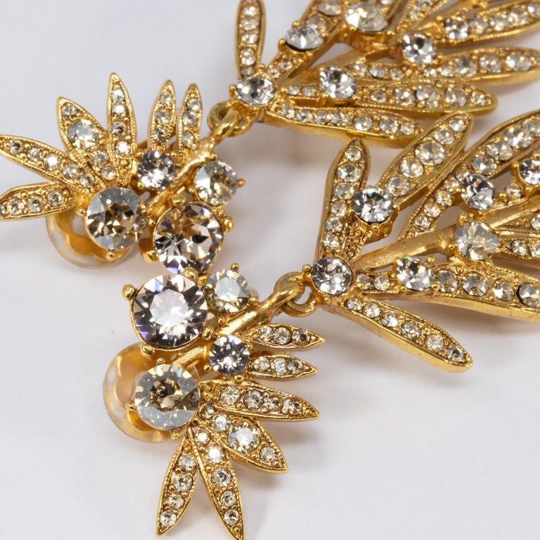 Oscar de la Renta Tropical Leaf Clear Crystal Dangling Clip On Earrings, In Gold