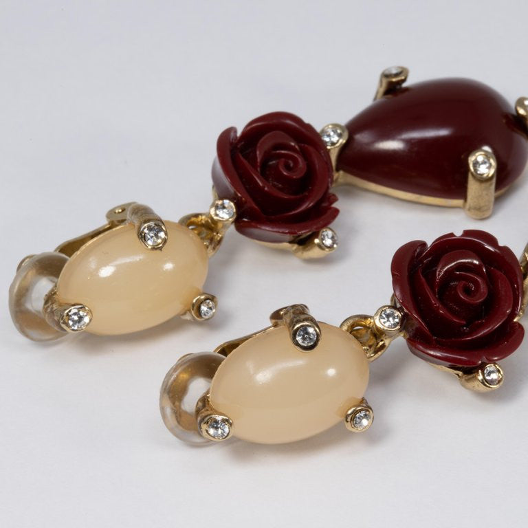 Oscar de la Renta Crystal and Faux Coral Dangling Flower Earrings