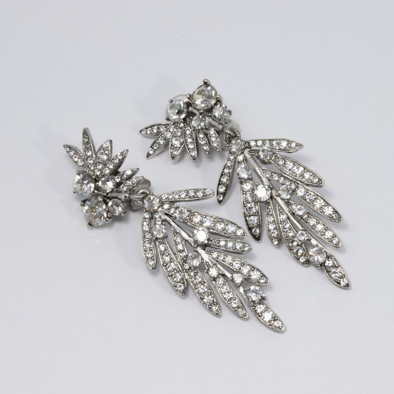Oscar de la Renta Tropical Leaf Clear Crystal Dangling Clip On Earrings, Silver