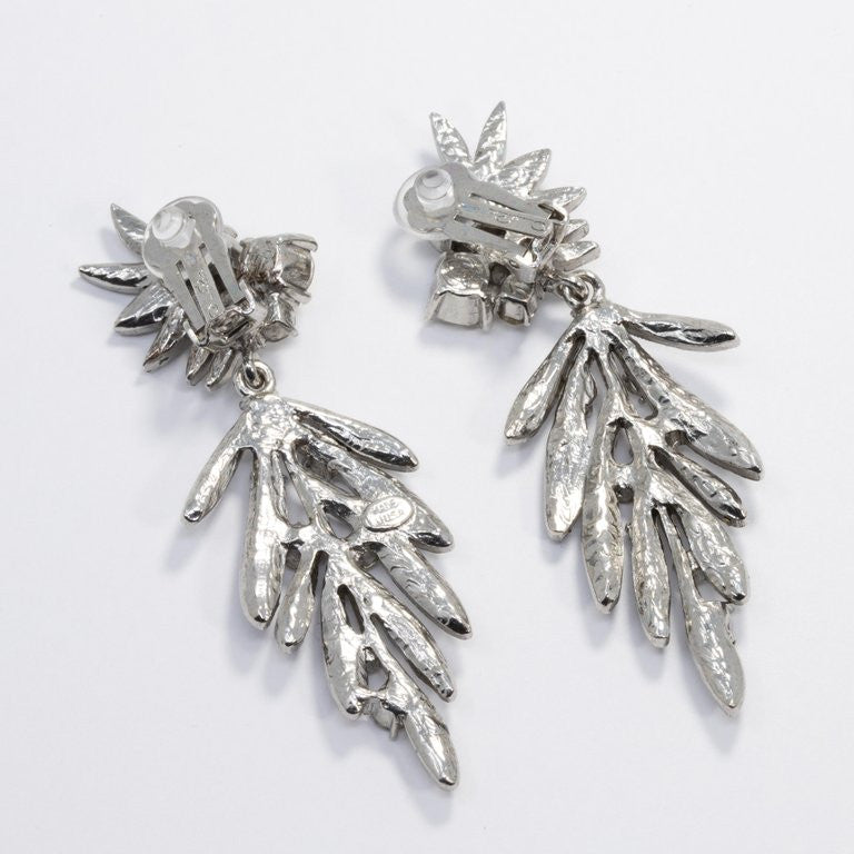 Oscar de la Renta Tropical Leaf Clear Crystal Dangling Clip On Earrings, Silver