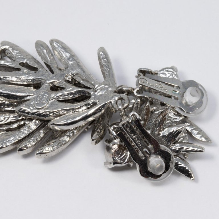 Oscar de la Renta Tropical Leaf Clear Crystal Dangling Clip On Earrings, Silver