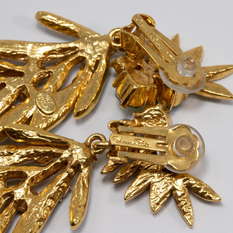 Oscar de la Renta Tropical Leaf Green Crystal Dangling Clip On Earrings, In Gold