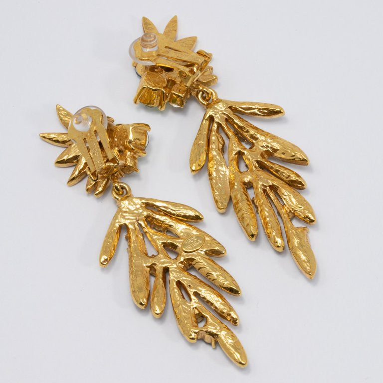 Oscar de la Renta Tropical Leaf Green Crystal Dangling Clip On Earrings, In Gold