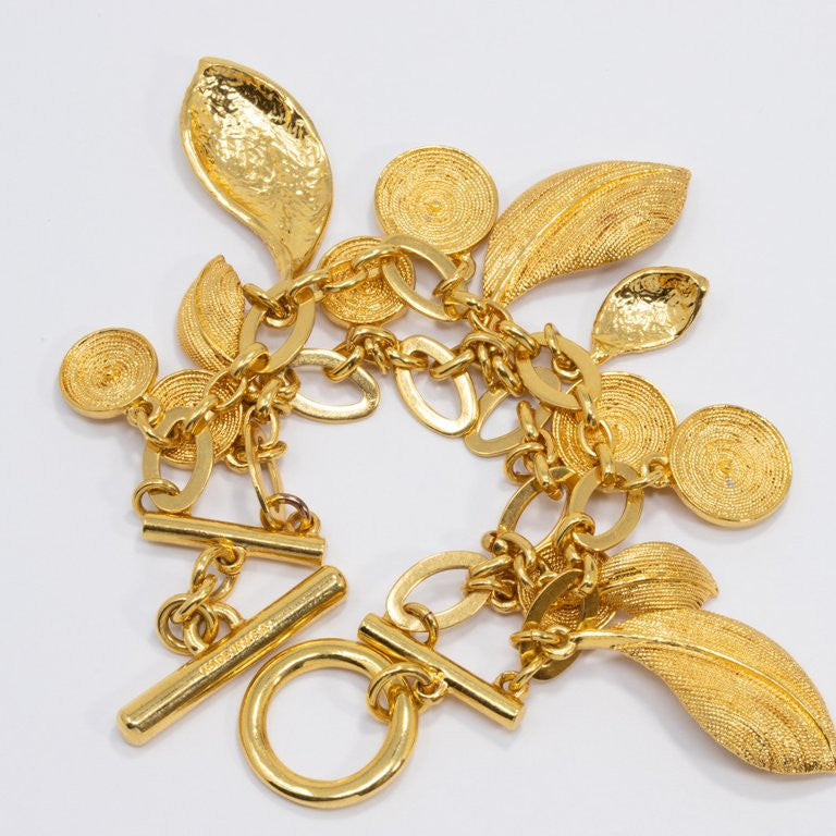 Oscar de la Renta Double Strand Floral Charm Toggle Clasp Bracelet in Gold