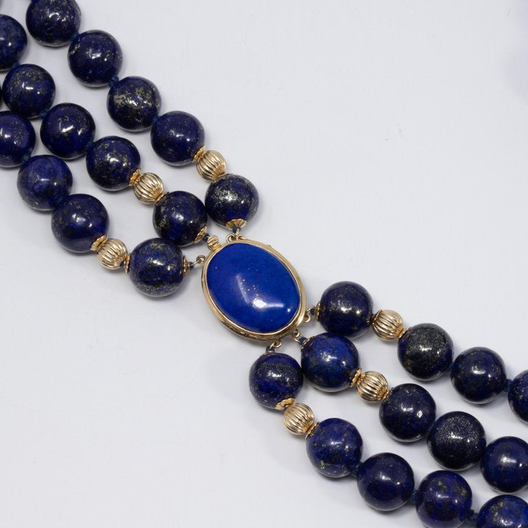 Lapiz Lazuli Triple Strand Knotted String Bead Necklace 14K Gold Clasp, Accents