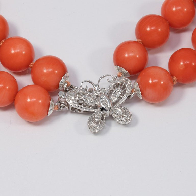 Genuine Salmon Coral Bead and Diamond Knotted String Double-Strand Gold Necklace