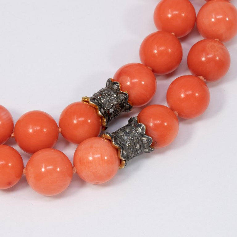 Genuine Salmon Coral Bead and Diamond Knotted String Double-Strand Gold Necklace