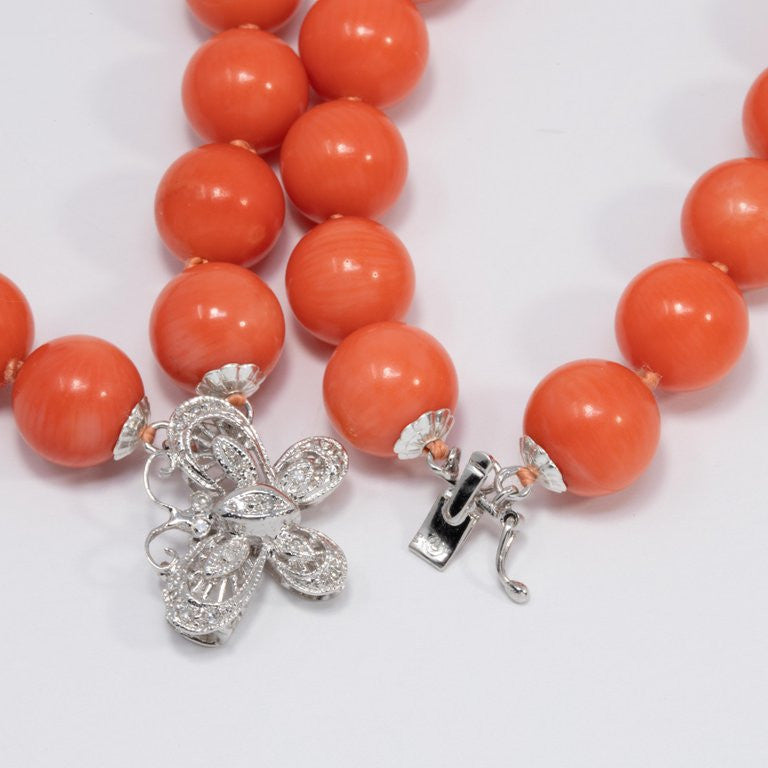 Genuine Salmon Coral Bead and Diamond Knotted String Double-Strand Gold Necklace