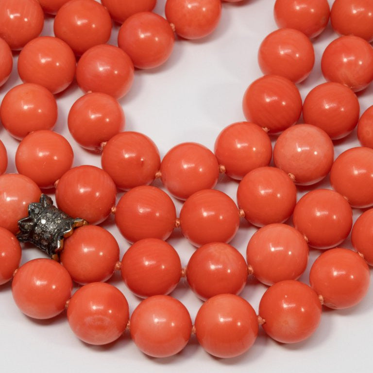 Genuine Salmon Coral Bead and Diamond Knotted String Double-Strand Gold Necklace