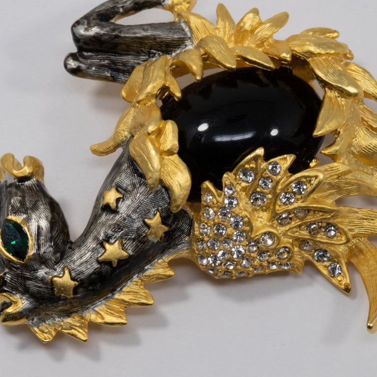KJL Kenneth Jay Lane Pegasus Brooch, Pin in Gold Black and Gray