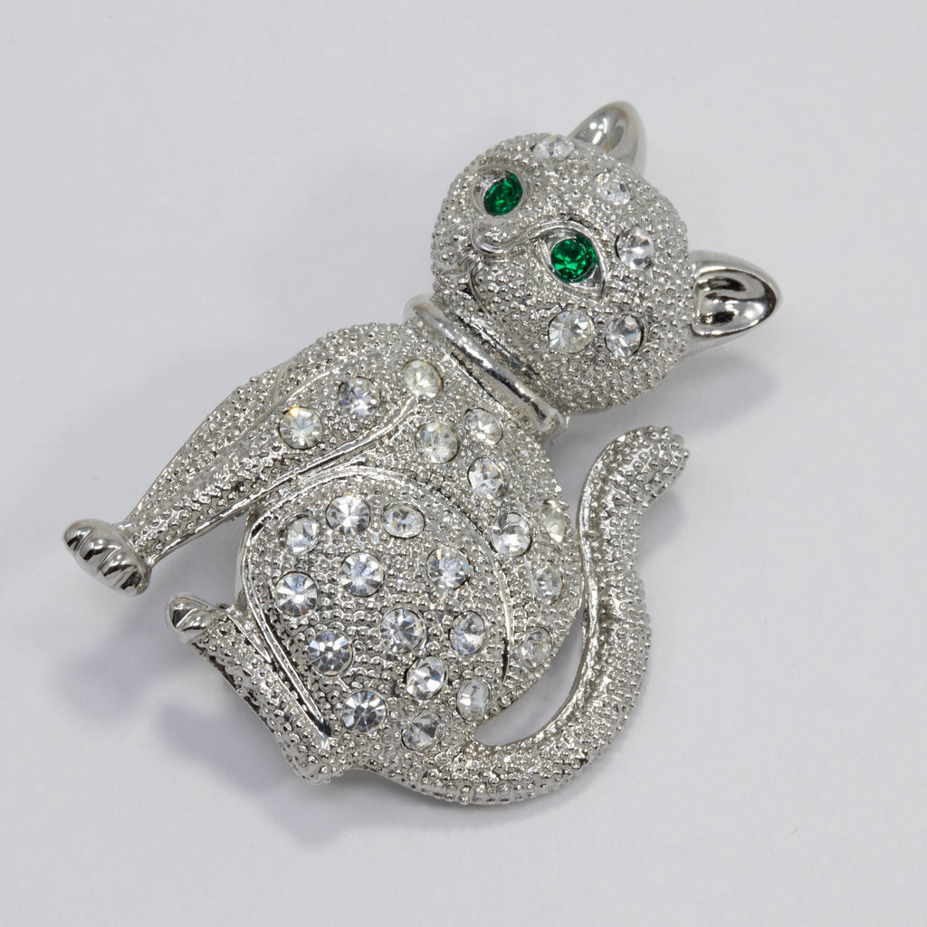 Vintage Unsigned Silvertone Rhinestone Cat Pin Brooch