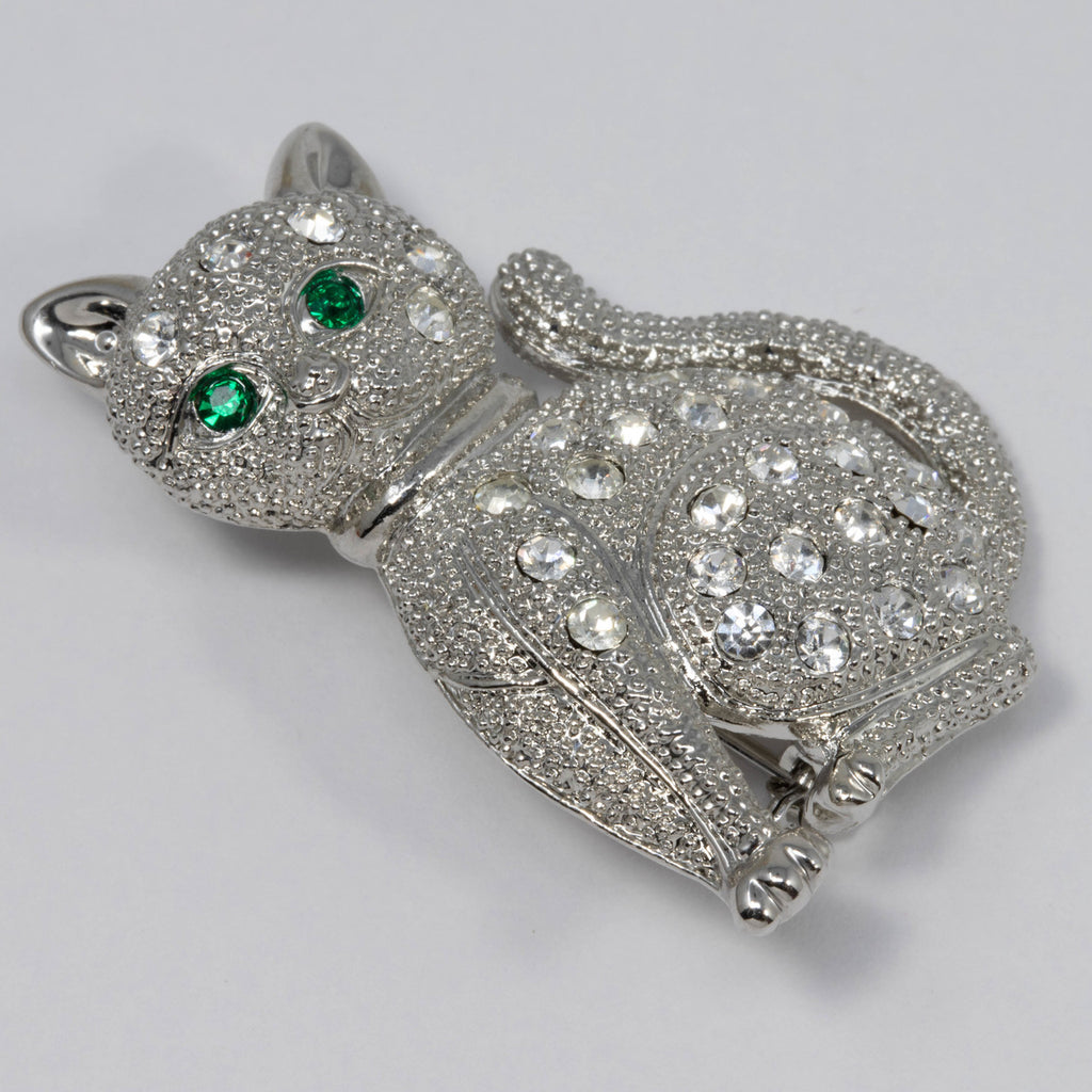Vintage Unsigned Silvertone Rhinestone Cat Pin Brooch