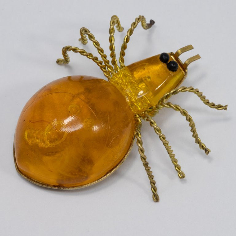 Russian Baltic Amber Cabochon Spider Vintage Pin Brooch in Gold, Early 1900s