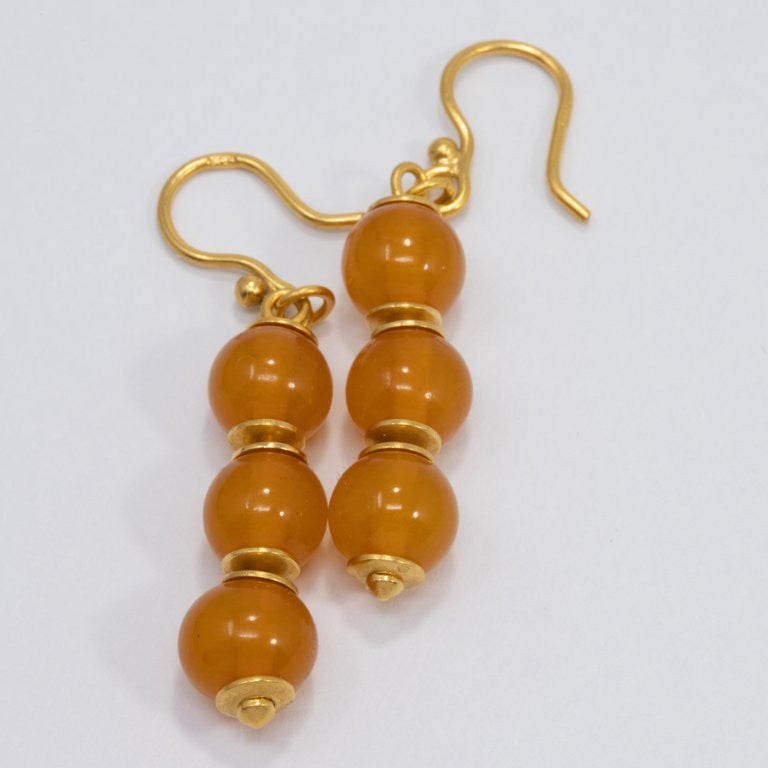 Russian Butterscotch Baltic Amber Bead Dangling Earrings in Gold, Early to Mid 1900s