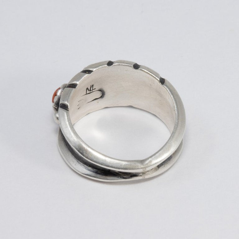 Native American Navajo Sterling Silver Ring with Turquoise and Coral Cabochons