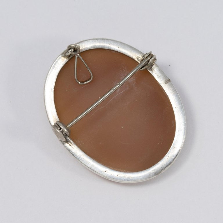 Antique Shell White and Cinnamon Cameo in Silver Bezel, Brooch Pin and Pendant