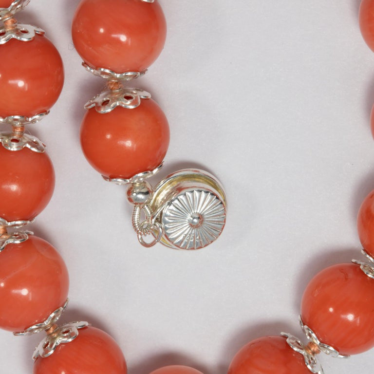 Salmon Coral Bead Knotted String Silver Accent Necklace, 50 cm, Sterling Silver