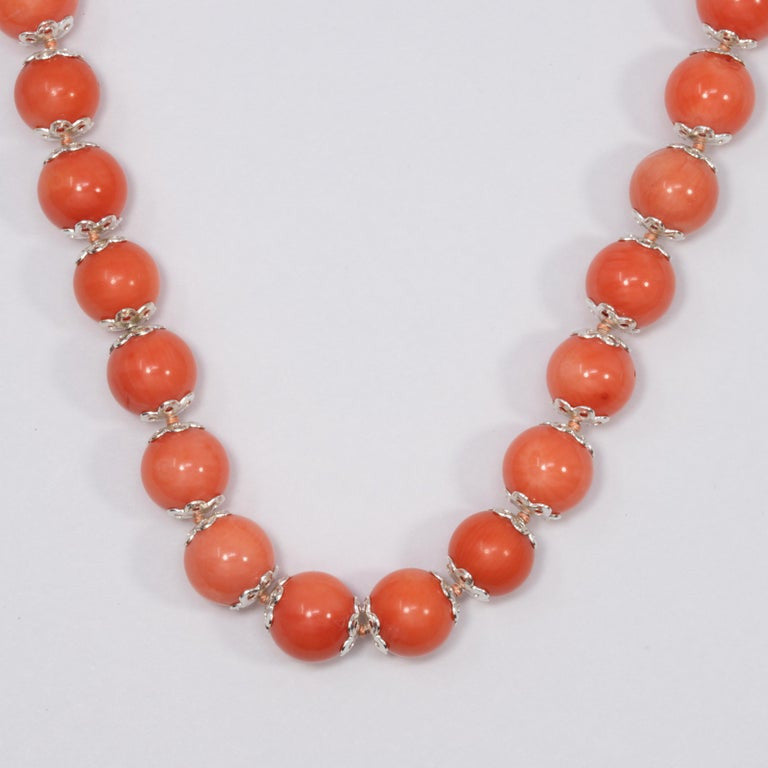 Salmon Coral Bead Knotted String Silver Accent Necklace, 50 cm, Sterling Silver