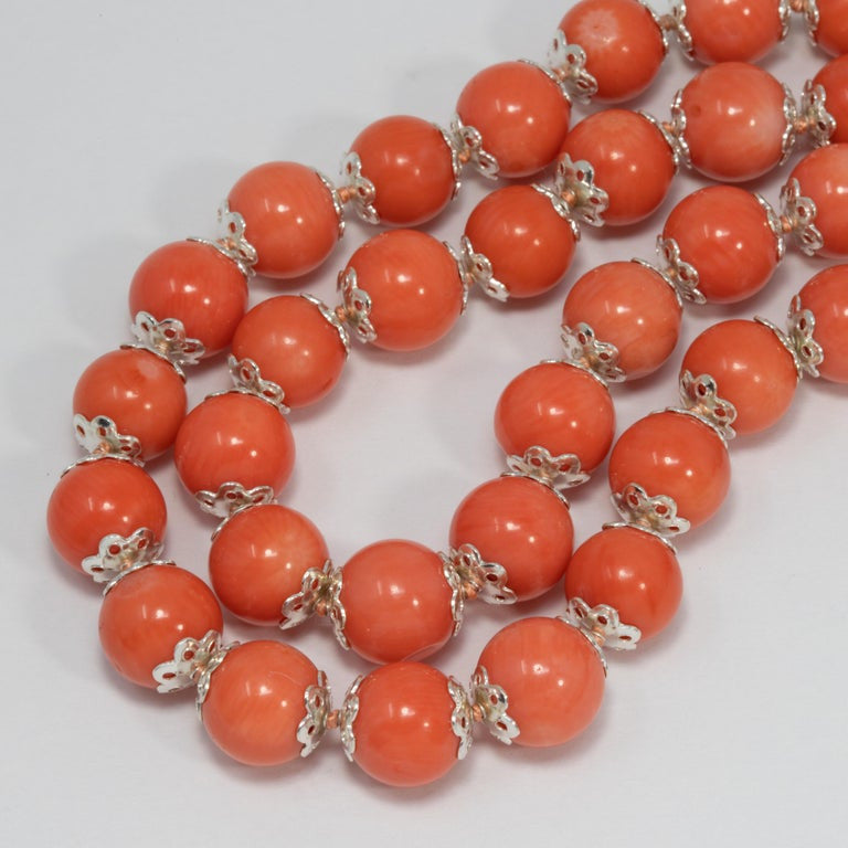 Salmon Coral Bead Knotted String Silver Accent Necklace, 50 cm, Sterling Silver