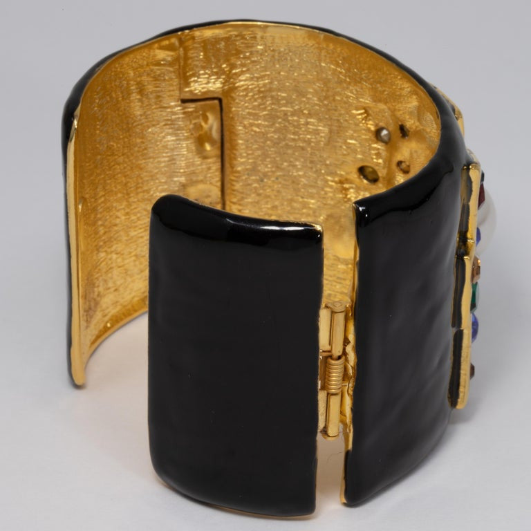 KJL Kenneth Jay Lane Jeweled Maltese Cross Black Enamel Cuff Bracelet in Gold