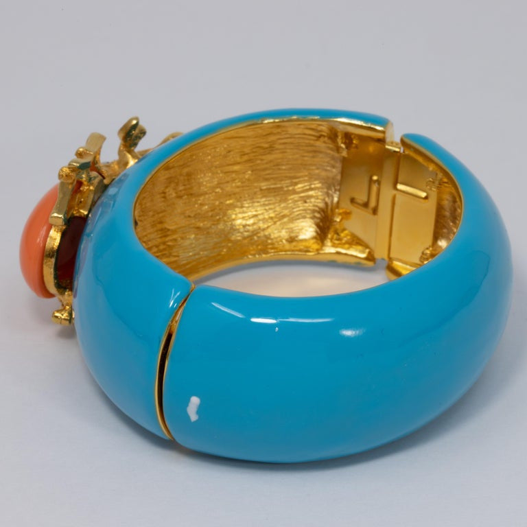 KJL Kenneth Jay Lane Turquoise Enamel Scarab Motif Bangle Cuff Bracelet