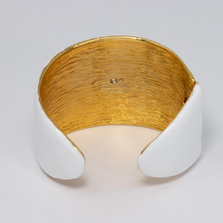 KJL Kenneth Jay Lane White Enamel Crystal  Resin Scarab Cuff Bracelet in Gold