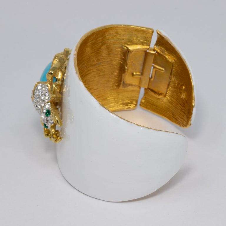 KJL Kenneth Jay Lane White Enamel Crystal  Resin Scarab Cuff Bracelet in Gold