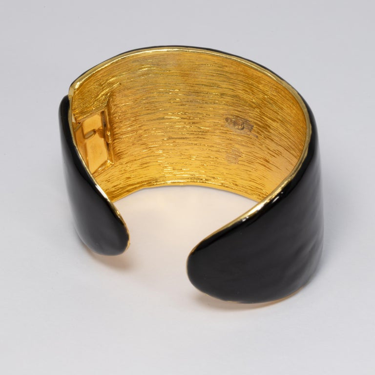 KJL Kenneth Jay Lane Black Enamel Crystal and Resin Scarab Cuff Bracelet in Gold