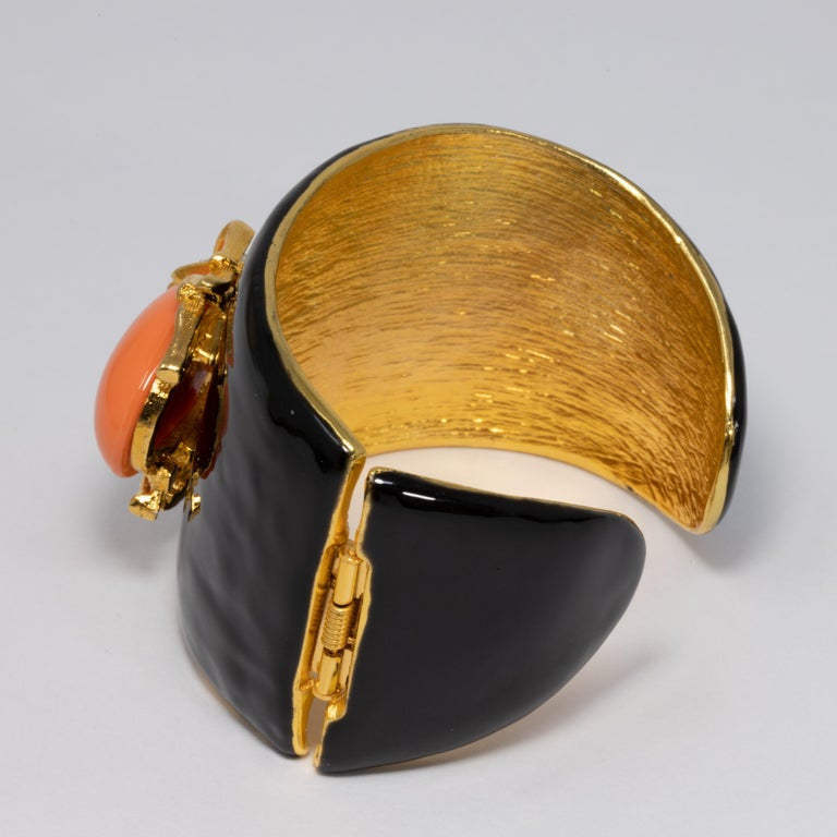 KJL Kenneth Jay Lane Black Enamel Crystal and Resin Scarab Cuff Bracelet in Gold